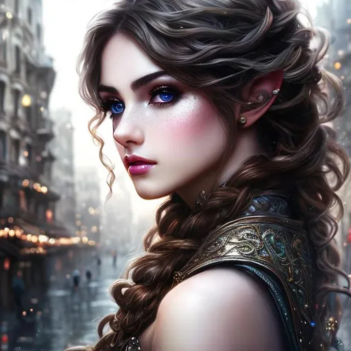 Prompt: half body portrait, female , elf, detailed face, detailed vibrant eyes, full eyelashes, ultra detailed accessories, tunic, empty city streets background, curly messy braided hair, bangs, dnd, artwork, fantasy,inspired by D&D, concept art, ((looking away from viewer)), dark fantasy, gloomy