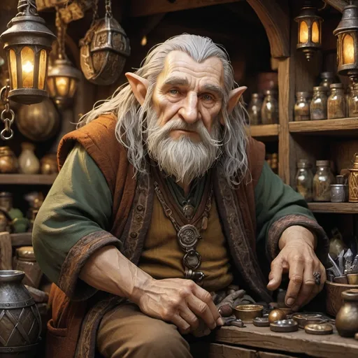 Prompt: Old hobbit merchant in Warhammer Fantasy RPG style, detailed facial features, rich textures, cluttered market stall, intricate clothing patterns, high quality, fantasy, earthy tones, warm and cozy lighting