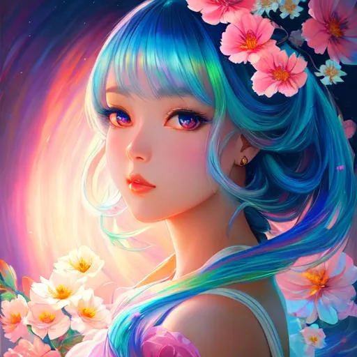 Prompt: thick acrylic illustration, gorgeous anime girl, oil painting, extreme iridescent reflection, flower decorations, chiaroscuro, holy cinematic rim lighting, rococo art –ar 2:3