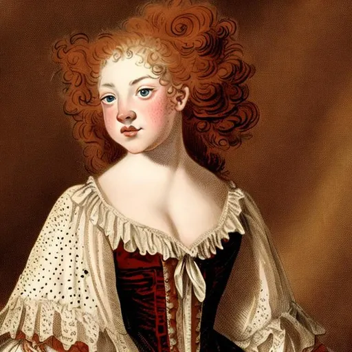 Prompt: Young woman in 18th century,red curly long hair with amber eyes, pale skin, with freckes, chubby face
Dressed with 1760 gown
 