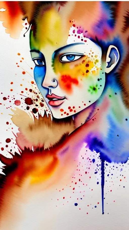 Prompt: Watercolour painting on Brown background, close-up face, exploding colours, creative imagination, perfect face --ar16:9