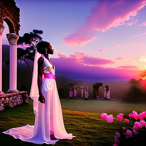 Prompt: (Hyperrealistic highly detailed photography of an ebonian woman singer singing)
Beautiful, young, inspiring, moving, innocent, emotional, closed eyes. White translucent silk robe. Old ruins. Tribal. Early morning, sunrise. Pink sky.