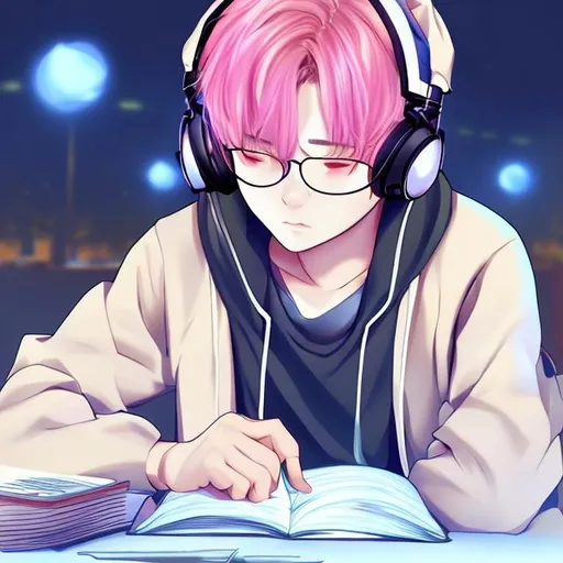 Prompt: anime jimin studying at night with headphones and glasess