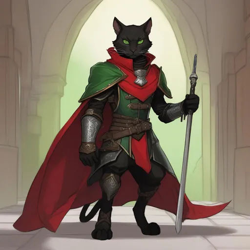 Prompt: DND a black male tabaxi with green eyes wearing black leather armor with a red cloak