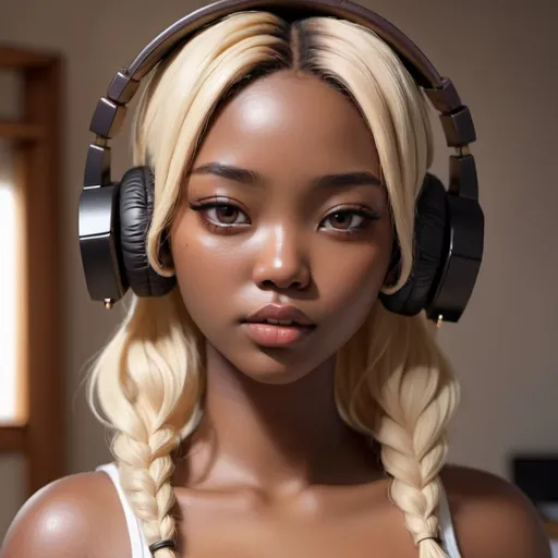 Prompt: 25-year-old African-Korean woman, wearing light-up gaming headset with attached microphone, chocolate brown skin, deadpan expression, 桃花眼, black iris, epicanthic fold, full sienna lips, chubby cheeks, wide bridge button nose, no makeup, brunette and blonde mini twists hair, detailed eyes, lips, hair, curvy overweight physique, grunge top, straight soft eyebrows, soft features, nose ring, at home with anime figurines on shelf, dusk, high-res, intense gaze, detailed, atmospheric lighting, close-up, realistic