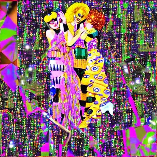 Prompt: a group on insane drag queens from space dancing disco in a star bar, Klimt style