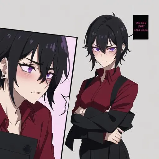 Prompt: Male young adult, 19, (Short black messy hair falling between the eyes, sharp and tired purple eyes, and a feminine body), red shirt untucked, black pants, sloppily dressed,  Black piercings, highly detailed face, 8K, Insane detail, best quality, UHD, highschooler, handsome, flirty, blushing, shy, unkempt apperance