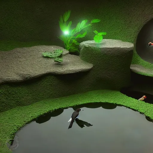 Prompt: long shot, underground pond, bird flying, 3d blender render, highly detailed, liminal space, 64k