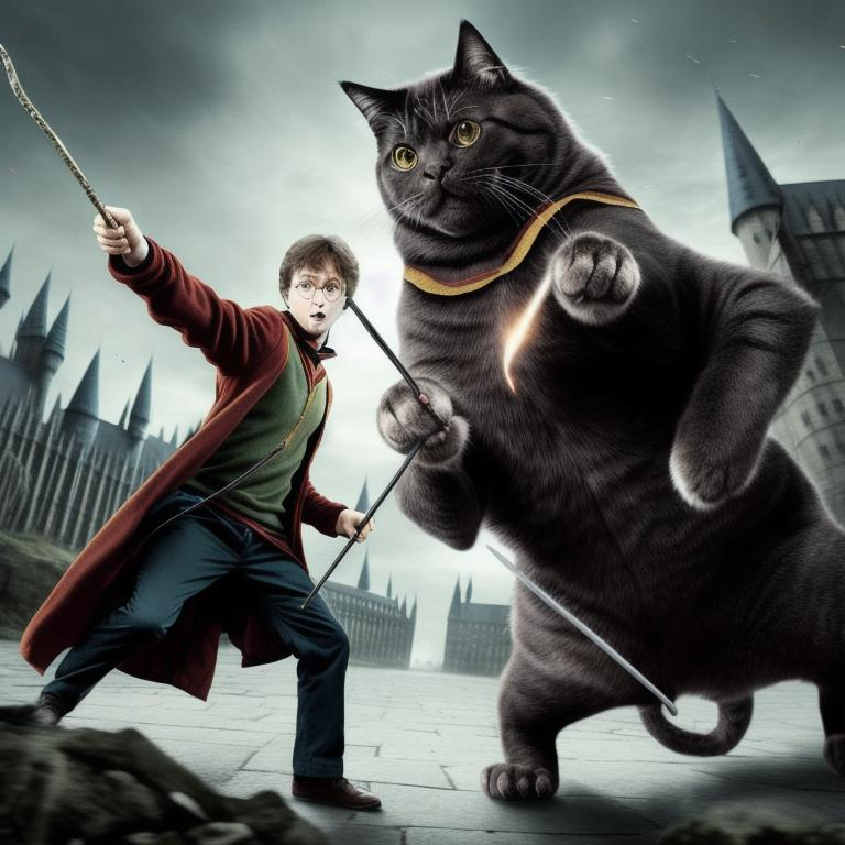 Harry Potter battles a Giant Cat with his wand. Both... | OpenArt