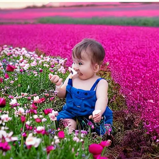 Prompt: baby playing in a feild of flowers