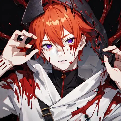 Prompt: Erikku male adult (short ginger hair, freckles, right eye blue left eye purple)  UHD, anime style, covered in blood, psychotic, covering his face with his hands, face covered in blood and cuts