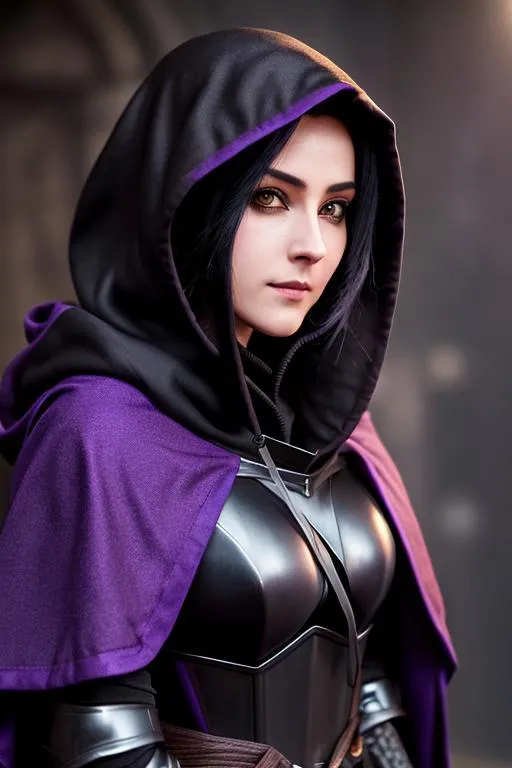 Prompt: Hyperdetailed cute adult vampire assassin with shoulder length dirty black hair, happiness expression, purple eyes, posing, rogue, small tits

Hyperdetailed clothes, dark brown hooded robe up over the breastplate  and with the hood up over the head, dark leader armor completed 
Hyperdetailed Backgraund in tavern
Soft lighting, studio background
