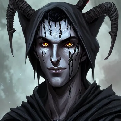 Prompt: Nilim, a handsome young thin man with long pointed horns and pure black eyes, he wears a cloak of darkness and has a black liquid leaking from his eyes and mouth