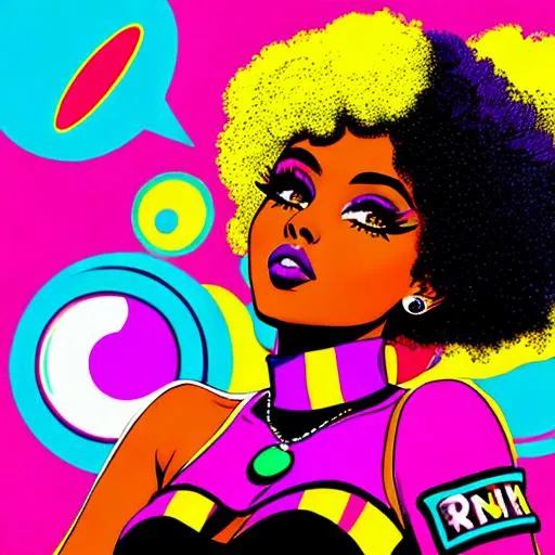 Prompt: Retro punk rock black girl natural hair 70's vibe trippy comic style pop art goth punk fashion confident 
