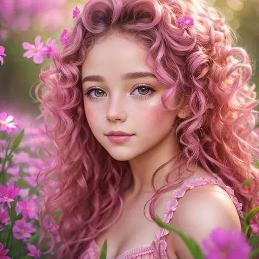 Prompt: a young fairy of spring, very curly hair, pink glow on cheeks,wildflowers, vivid colors, closeup