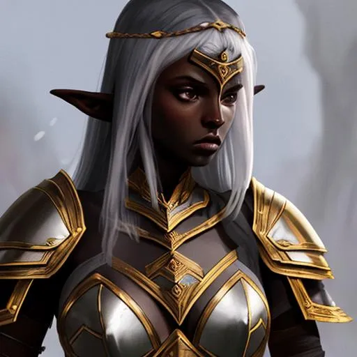 Prompt: portrait of a beautiful dark-skinned female elf wearing breastplate armor