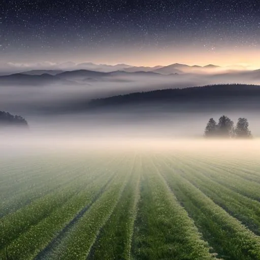 Prompt: fields of low fog in a stary night