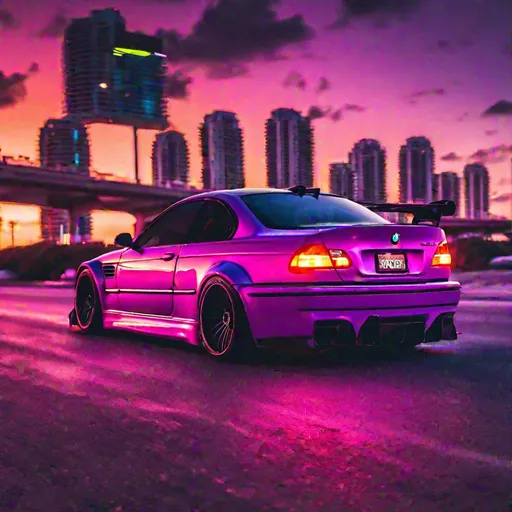 Prompt: 2001 BMW M3 E46 GTR, synthwave, aesthetic cyberpunk, miami, highway, dusk, neon lights, coastal highway, sunset