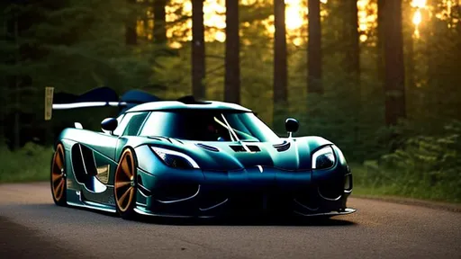 Prompt:  wide body heavily modified koenigsegg at illegal meet, dark and shadowy background, in the Canadian forest, 30 minutes after sunset, long depth of field.