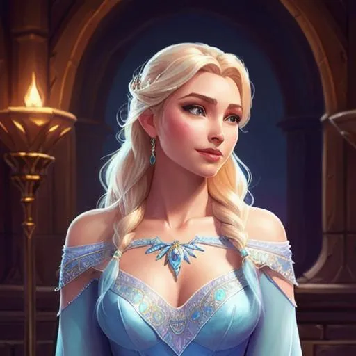 Prompt: Elsa, d & d, fantasy, intricate, elegant, highly detailed, digital painting, artstation, concept art, matte, sharp focus, illustration, hearthstone, art by artgerm and greg rutkowski and alphonse mucha, 8k