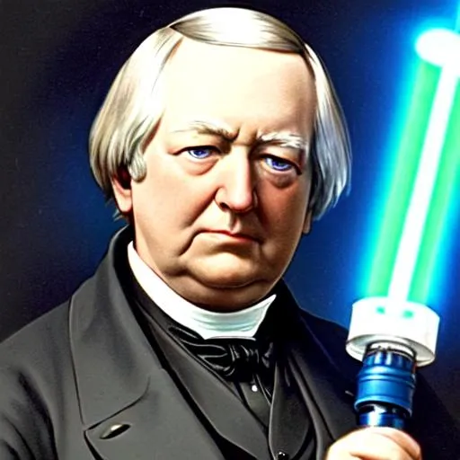 Prompt: zoomed in image of Millard Fillmore as a Jedi. He is holding a lightsaber that is blue