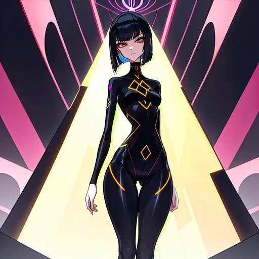 Prompt: a lonely AI girl, very tall, thick thighs, wide hips, huge glutes, long legs, slender arms, slender waist, big beautiful symmetrical eyes, intriguingly beautiful face, aloof expression, bob haircut with bangs, wearing Pastel-Deathcore Nihilistic-Absurdism fashion clothes, high fashion, 12K resolution, hyper quality, hyper-detailed, hyper-realistic, hyper-professional