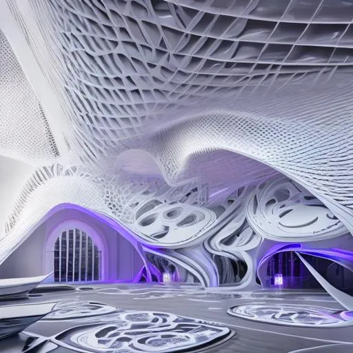 Prompt: white themed interior by Zaha Hadid, triangular facade mesh, parametric architecture, interior sustainable garden, wooden decoration, violet neon lightning, people, reflections, Arturo Tedeschi, 8k, octane render, ultra hd render, finely detailed, shadows, interiorZaha Hadid atmosphere, ultra quality photo realistic, hyper realistic