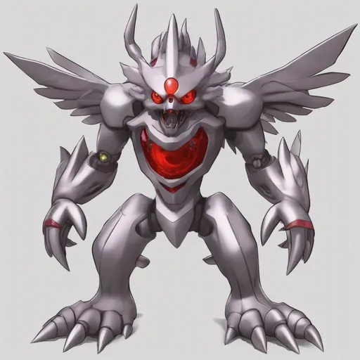 Prompt: A cursed Digimon artificially created based on the data of various Digimon. Because these details are unknown, it is currently being investigated, colors are silver-grey with red eyes, best quality, masterpiece, in cartoon style