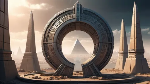 Prompt: small circular portal, gateway between cities realms worlds kingdoms, ring standing on edge, freestanding ring, hieroglyphs on ring, complete ring, obelisks, pyramids, futuristic towers, city plaza, panoramic view, futuristic cyberpunk dystopian setting