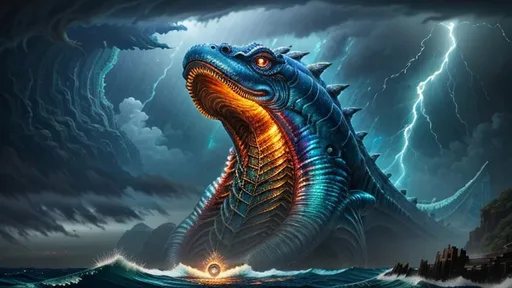 Prompt: Insanely Detailed Giant Sea Creature Monster, Rising from the Ocean, bokeh, Greg Rutkowski, WLOP, dynamic lighting, Eldritch, Neuron Storm, Deep Colors, Thunderstorm, Tornadic, H.R. Giger, Matt Frank, cool colors, precisionism, Intricate Details, Photorealism, ethereal, iridescent, heat wave