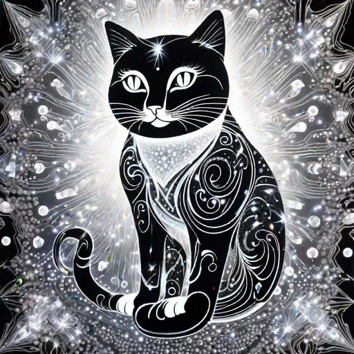 Prompt: gorgeous black and white happy cat, surrounded by intricate array of shimmering micro-scale crystals, crystals connected by fine luminescent tendrils, crystals constantly vibrate and shift colors, crystals reflecting vivid spectrums of energy