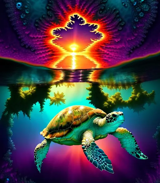 Prompt: Dark, Tropical Aquatic 3D HD Mandelbrot Julia Fractal plasma {heart}sunset ({Sea}Turtle) freeform psychedelic chaos ultra HD, digital painting,  oceanic background, uber detailed, 64k, high quality, sharp focus, studio photo, intricate details, highly detailed --s98500