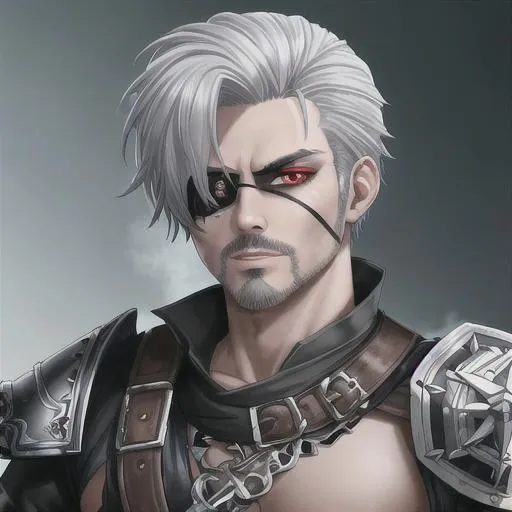 Prompt: one eye patch, ink punk, fantasy, male, swordsman, perfect face with ashen grey hair and short goatee, and with vibrant red eyes, Metal Pauldron in his shoulder, UHD, hd , 8k eyes, detailed face, 8k eyes, intricate details, insanely detailed, masterpiece, cinematic lighting, 8k, octane render, unreal engine, artwork, concept art, digital art, character art portrait, matte fantasy painting