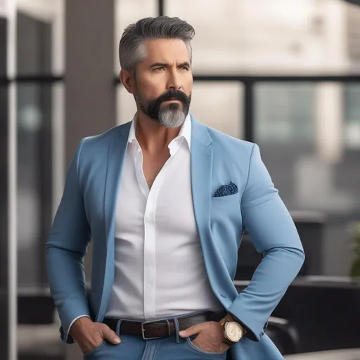 Prompt: An attractive 55 year old man black hair, short beard, elegant, large eyes, modern, full body view, white tshirt with a jacket and blue jeans, (erotic), posting front faced, office background