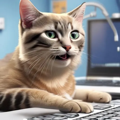 Prompt: happy cat as veterinary technician, talking on the phone and typing on keyboard, foto realistic, high detail, 4k