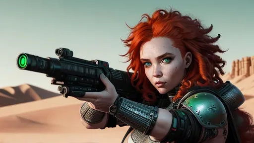 Prompt: hyper realistic cyberpunk female warrior with red hair in post  apocalyptic desert in the style of ilya kuvshinov, athletic body, round face, detailed features, realistic, green eyes, chainmail bikini, short curly wavy hair, white hair