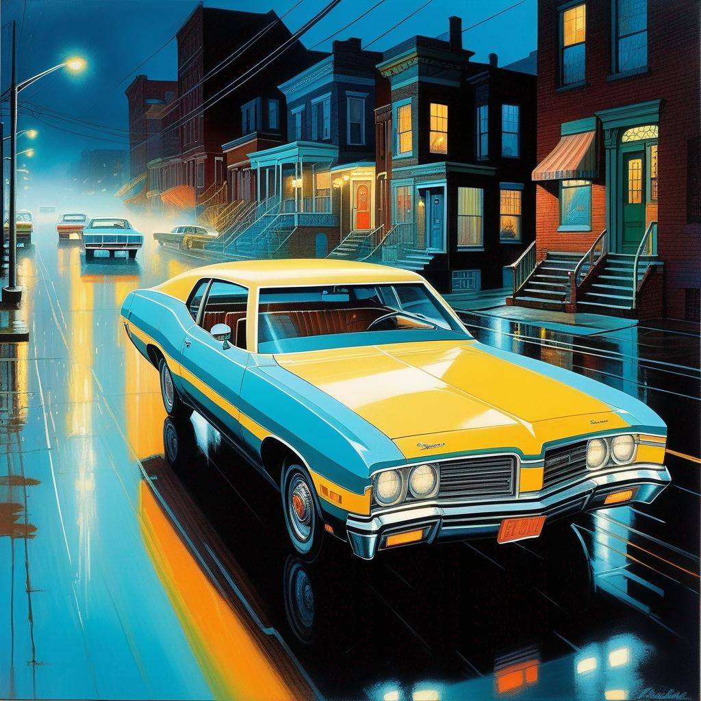 1970s, Baltimore at night, neon, car chase, rain, fo... | OpenArt