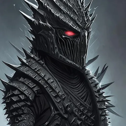 Prompt: a meticulously detailed picture of an evil figure dressed in all black spikey armor. It should be wearing a helmet with a face guard sitting on a throne made of bones. color pallet should be dark colors, setting should be in an evil throne room. 