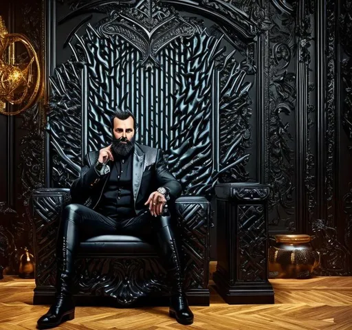 Prompt: forty-year-old man seated in a black leather throne, black leather interior, he is dressed like a king and holding a sceptor, the black throne is inside a large dimly lit modern bedroom, lush, sensual, detailed face, detailed expression, dark hair