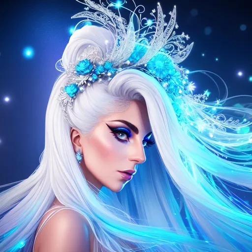 Prompt: 3/4 view of Lady Gaga, ((intricate long flowing white and blue
 hair)), (filigree hair decoration), sparkling veils, ethereal, luminous, fireflies, nighttime city background, neon light trails, glowing, dark contrast, celestial, trails of light, sparkles, 3D lighting, soft light, bokeh, vaporwave, fantasy