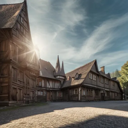 Prompt: Big dark wood big buildings with road in the 1700s wooden carriges nice daylight, nice weather light blue sky high resolution 4k