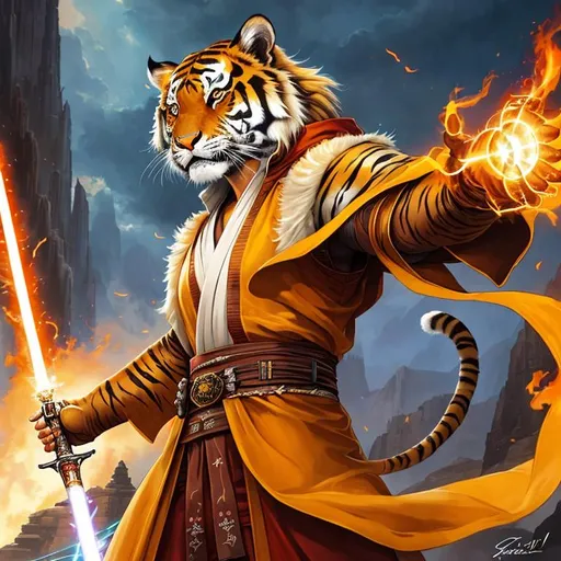 Prompt: Poster art, high-quality high-detail highly-detailed breathtaking hero ((by Aleksi Briclot and Stanley Artgerm Lau)) - ((tiger jedi  )), male, tiger head , high detail fur, jedi robes, light sabre, tiger jedi full form, full body of male tiger,highly detailed fur, light sabre , flames, jedi robes, male,  UHD, 64k, full form, tiger paws, highly detailed full body, highly detailed black clothing. Fire all around, with his back turned looking back, detailed skin, detailed face,full form, detailed forest wilderness setting, male, epic, 8k HD, ice, fire, luminescence , sharp focus, ultra realistic clarity. Hyper realistic, Detailed face, portrait, realistic, close to perfection, more black in the armour, full body, high quality cell shaded illustration, ((full body)), dynamic pose, perfect anatomy, centered, freedom, soul, white long hsir, approach to perfection, cell shading, 8k , cinematic dramatic atmosphere, watercolor painting, global illumination, detailed and intricate environment, artstation, concept art, fluid and sharp focus, volumetric lighting, cinematic lighting, lighting, moon,
