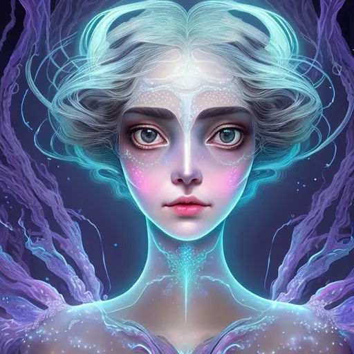 Prompt: She stands gracefully, with an otherworldly aura that captures attention instantly. Her skin is a luminescent shade of lavender, soft and slightly iridescent, giving her an ethereal glow. Delicate, bioluminescent patterns gently ripple across her cheeks and down her neck, accentuating her elegant features.

Her eyes are large and mesmerizing, shimmering with a myriad of colors like the shifting hues of a distant nebula. They hold a depth of wisdom and curiosity, hinting at a profound understanding of the cosmos. Her long, slender eyelashes frame these captivating orbs, adding to the allure of her gaze.

Her face is beautifully proportioned, with high cheekbones that accentuate her gentle smile. The smile itself is contagious, with a touch of enigmatic charm that draws others closer to her. As she speaks, her voice resonates like a melodious symphony, entrancing all who listen.

Cascading down her back, her hair flows like liquid stardust, each strand seemingly holding the faint twinkle of distant stars. It shifts in color, reflecting the emotions she experiences, transforming from vibrant blues to deep purples, and even soft pinks.

Her body possesses an elegant, statuesque form, moving with a natural grace that seems to defy gravity. She wears a flowing, iridescent gown that shimmers as if made from celestial silk, its colors shifting in harmony with her surroundings.

Her limbs are long and slender, but possess a subtle strength, emphasizing her agility and poise. At the tips of her delicate fingers, a faint luminescence emits, casting a gentle glow on everything she touches.

This beautiful female alien embodies a sense of cosmic mystery and allurement, a being of both grace and wonder. Her presence is a testament to the beauty and diversity that may exist among the stars, capturing the imagination of anyone fortunate enough to encounter her.