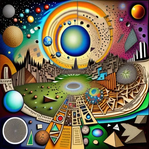 Prompt: Abstract image of the universe broken up into different dimensions different pictures so every different dimension has different pictures like of a city or a meadow with animals or different shapes and colors but hidden messages in the painting like a word search for the word COCKTAIL OR SOMETHING LIKE THE REST OF MY MIND. Abstract and  realistic, detailed, drawings, caveman, broken up detailed neutral colors not so vibrant a ocean with sea creatures 