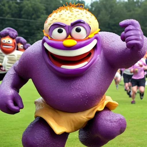 Prompt: Grimace Running with burger 