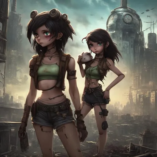 Prompt: cgi amine steampunk style, petite brunette female android, pretty face, green eyes, high cheek bones, dark green bikini top, low slung brown cargo shorts, lightly tanned body, carrying a torn teddy bear, minor cuts and bruises on body, post apocalyptic city skyline in background, large moon,  