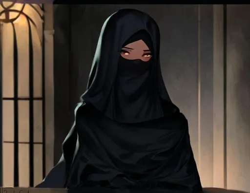 Prompt: high detail, hair covered with a black silk niqab lighting soft skin, lighting soft skin, detailed brown eyes, realsitic art, modest body shot, looking at camera, beautiful , perfect details, 