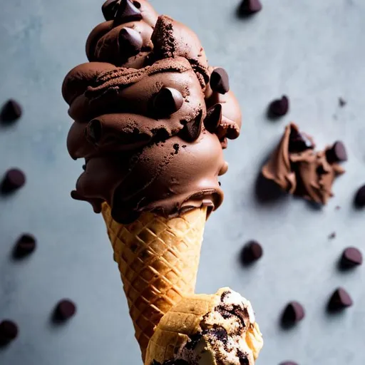 Prompt: a chocolate ice cream cone with chocochips