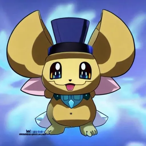 Prompt: a normal and steel type with a big head and ears ,cute , mouse-like, pokemon wearing a top hat. anime digital art in the style of ken sugimori
