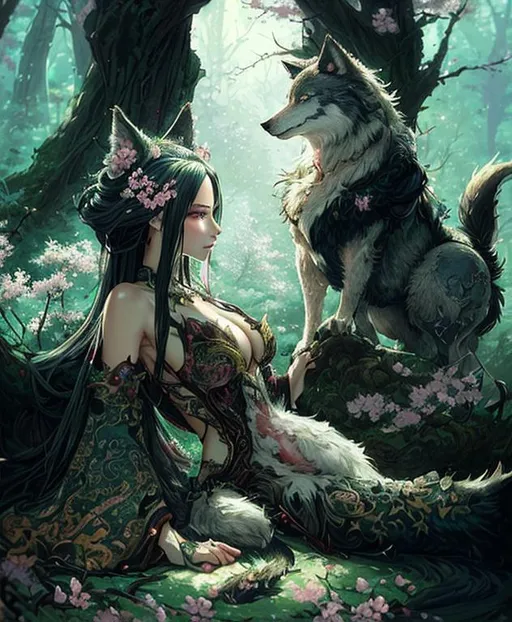 Prompt: Fully Clothed Portrait of alluring fantasy (wolf goddess in spring) in photorealistic quality in magical environment, furry tail, cherry blossoms; highly stylized face and tail portrait fantastically intricate detailed extremely complex art masterpiece by Thomas Kinkade by Ismail Inceoglu trending on Instagram HARDWARE Photographic Art Direction WLOP 5 realistic body centered, anime Character Design, Unreal Engine, Beautiful, Tumblr Aesthetic,  Hd Photography, Hyperrealism, Beautiful Watercolor Painting, Realistic, Detailed, Painting By Olga Shvartsur, Svetlana Novikova, Fine Art
